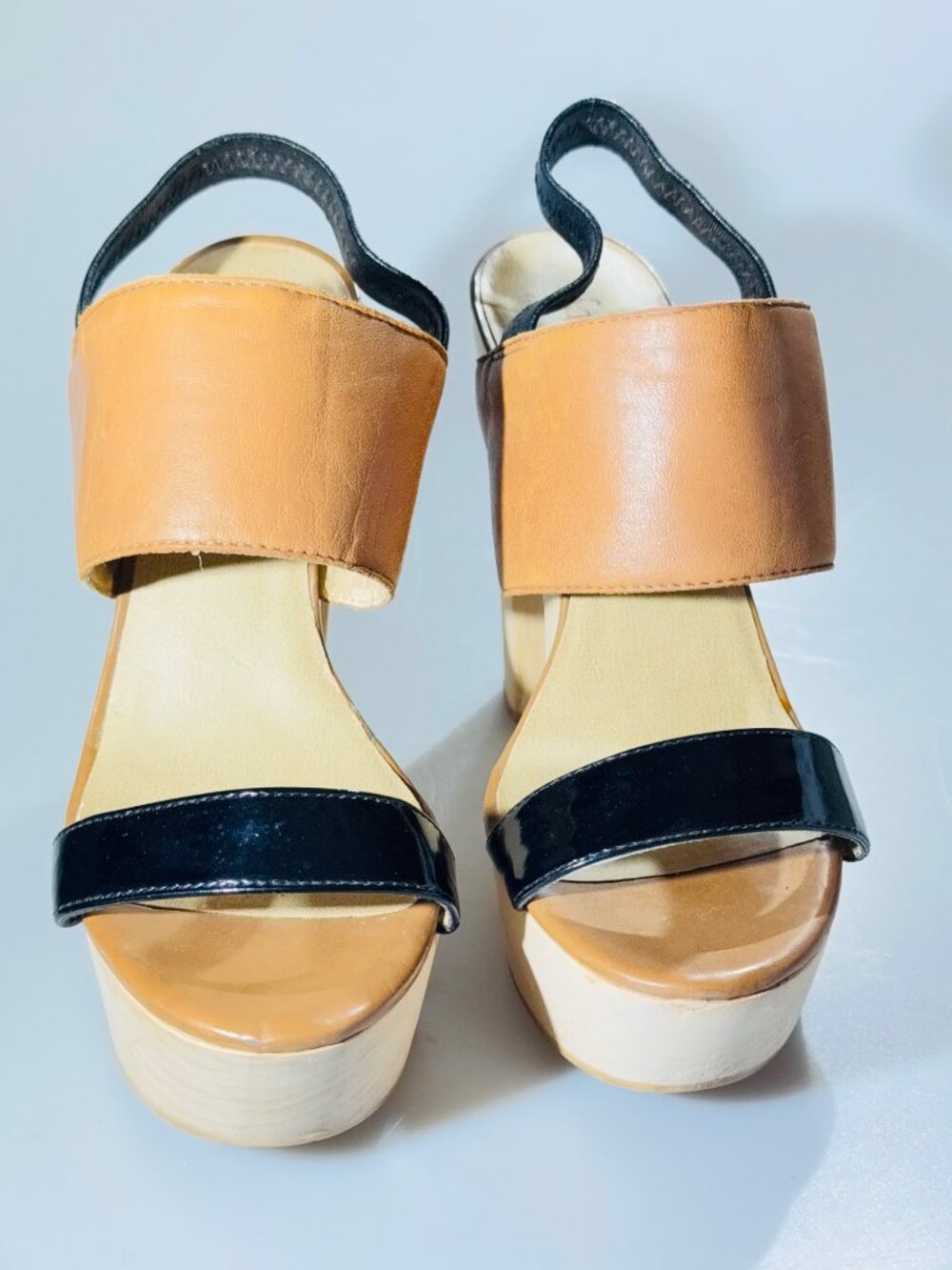 LEVITY Leather & Patent Platform Sandals With Elastic Strap & Wooden Block Heels - Picture 10 of 11
